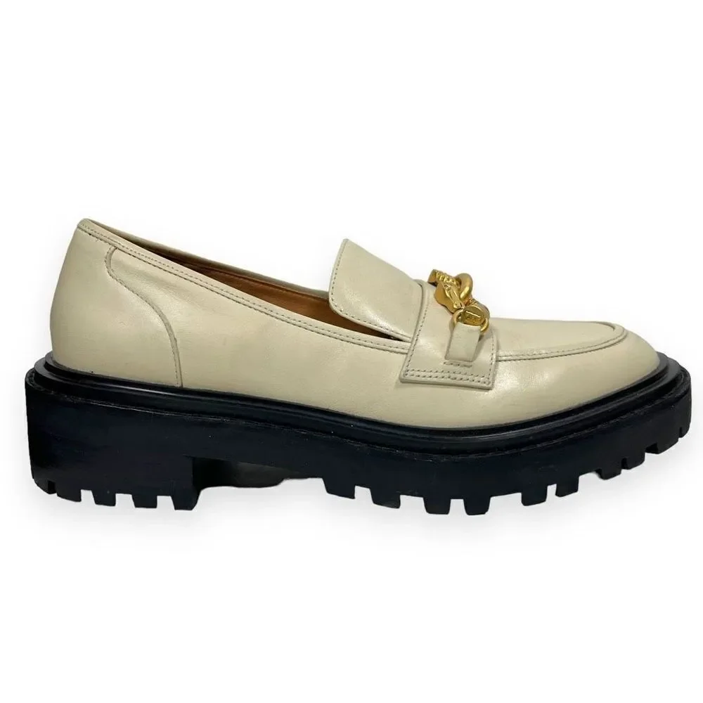 Tory Burch Jessa Leather Lug Sole Gold Chain Link Loafers Cream Academia Size 8